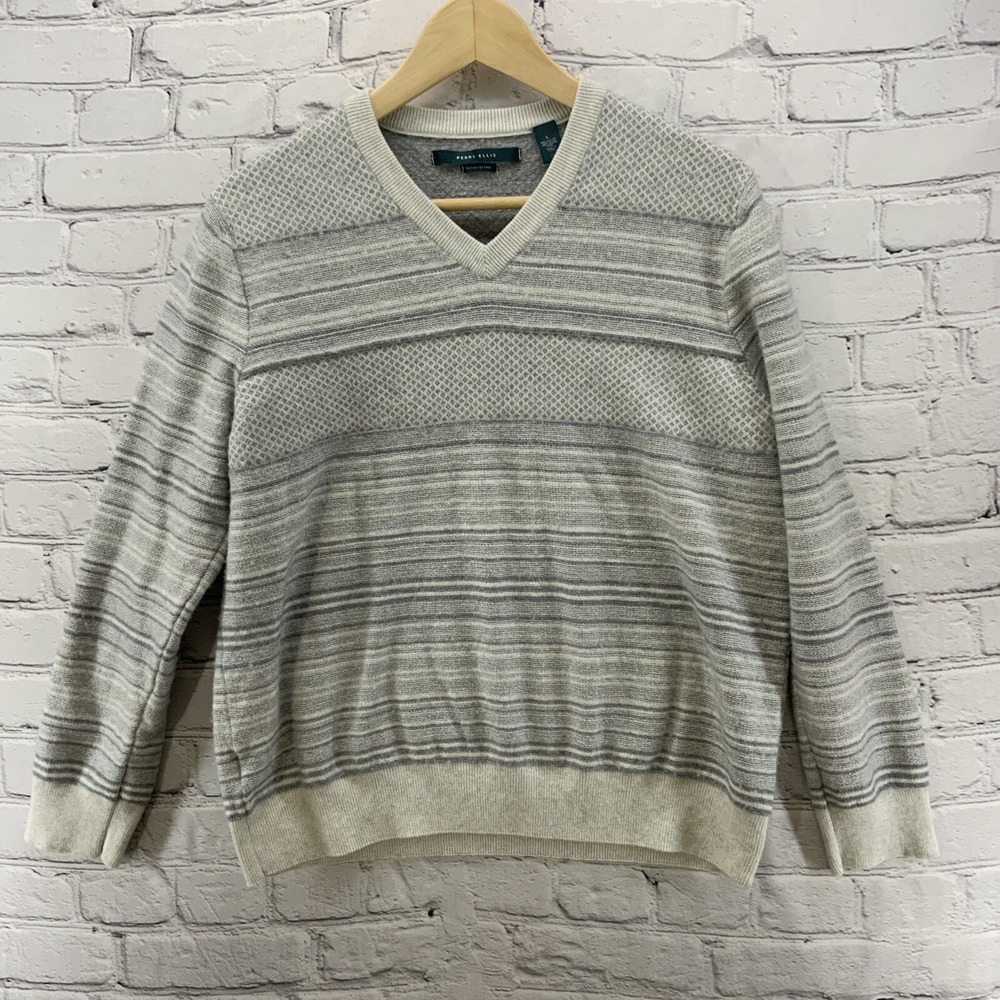 Perry Ellis Sweater Merino Wool Blend Mens Sz L Gray Striped Pullover Henley